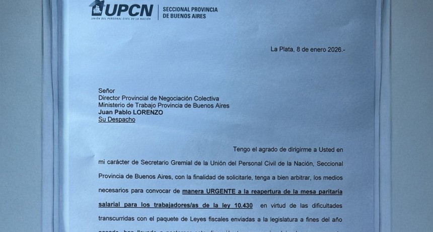 UPCNBA solicitó la reapertura urgente de la paritaria salarial para trabajadores estatales bonaerenses