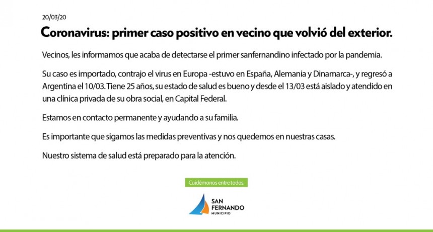 San Fernando: Se detectó el primer caso positivo de un vecino que volvió del exterior con Coronavirus 