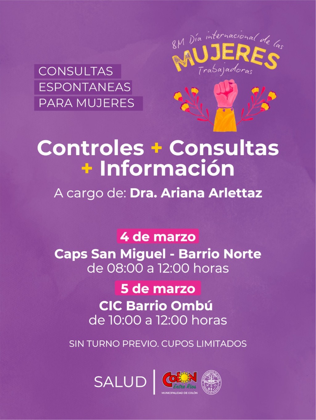Col&oacute;n (ER): La Municipalidad organiza jornadas de salud integral para mujeres en el marco del 8M