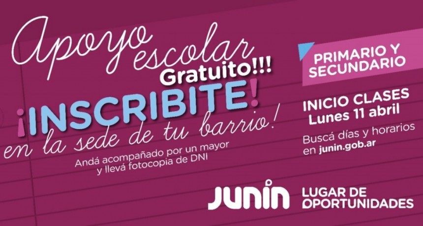 Junín: El Municipio invita a la comunidad a inscribirse al programa de apoyo escolar para nivel primario y secundario