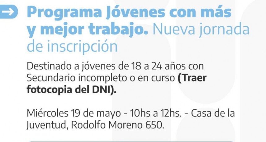 Luján: Jornada de inscripción en la Casa de la Juventud al Programa Jóvenes con Más y Mejor Trabajo