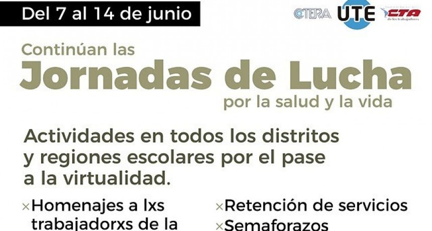 UTE: Del 7 al 14 de junio Continúan las Jornadas de lucha por la salud y la vida