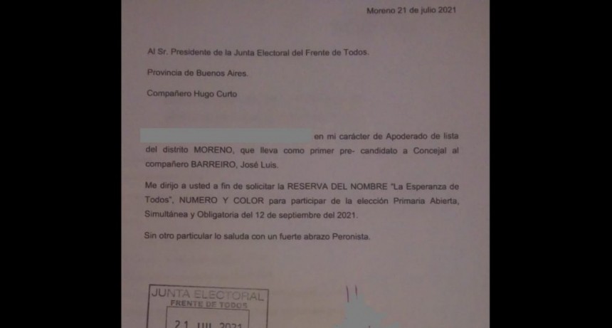 Moreno: La Junta Electoral del FdT aceptó la inscripción de la lista de La Esperanza de Todos 