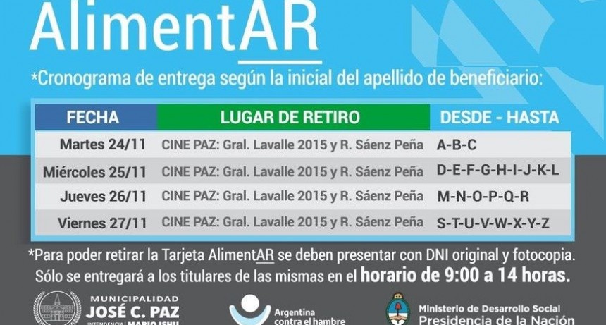José C. Paz: Del 24 al 27 de noviembre se realizará una nueva entrega de Tarjetas AlimentAR